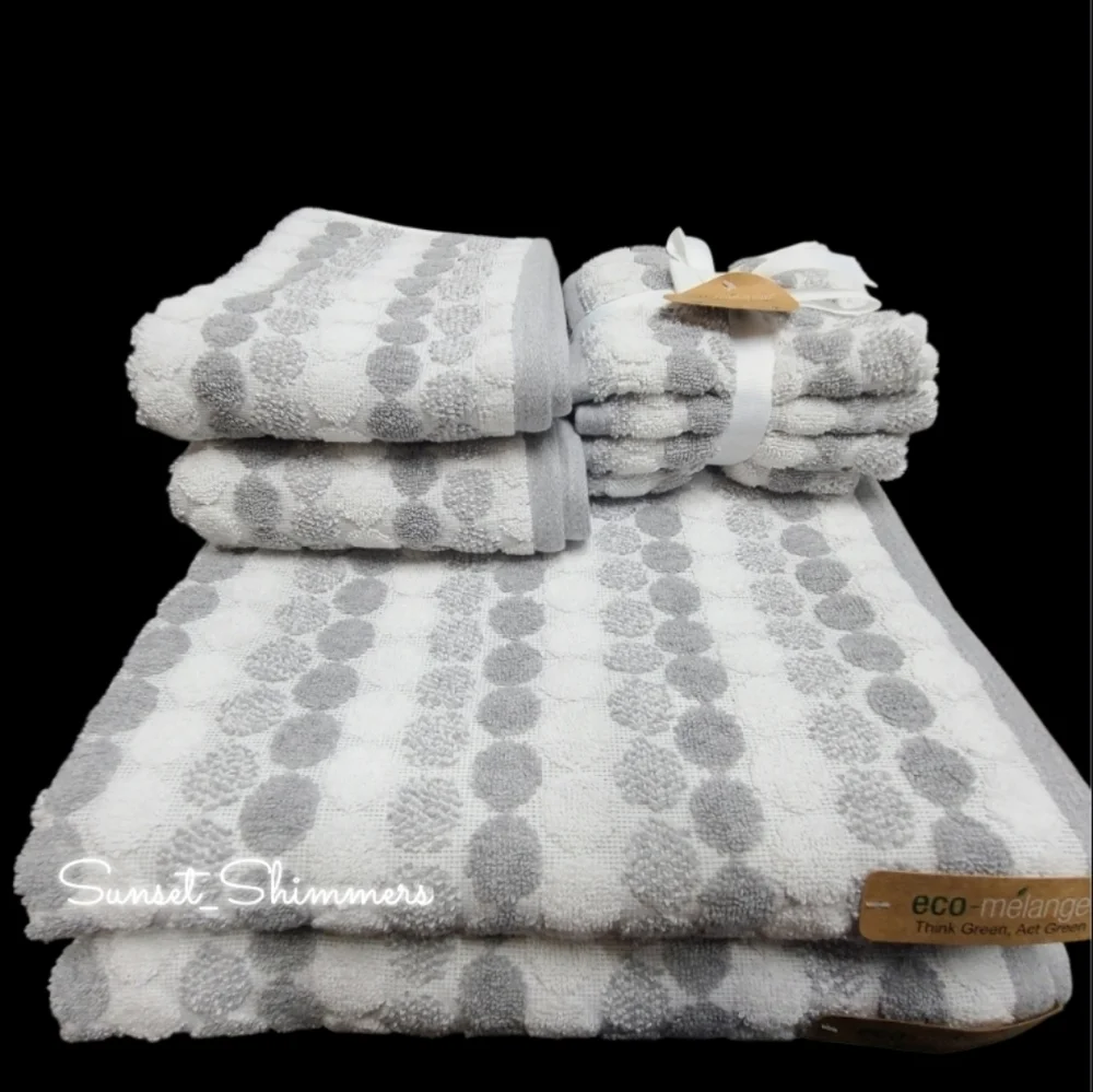 8pc ECO Melange 2 Bath 2 Hand 4 Washcloth Towel Set Gray White Stripe Dot NEW - Picture 1 of 8